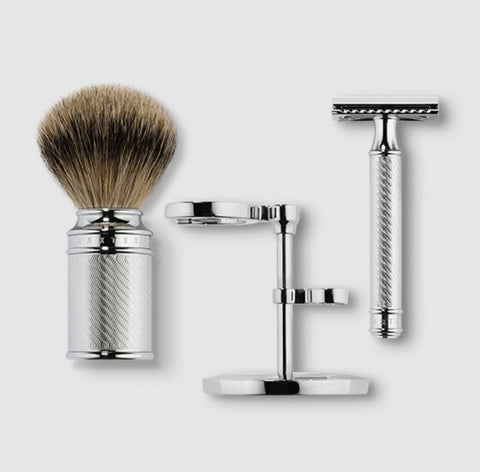 Baxter of California Shaving Kit with Double Edge Razor, Silver Tip Badger Shaving Brush & Chrome Stand