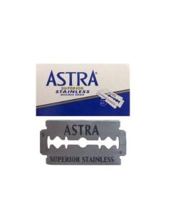 A box of Astra Superior Stainless Double Edge Blades with one blade underneath 